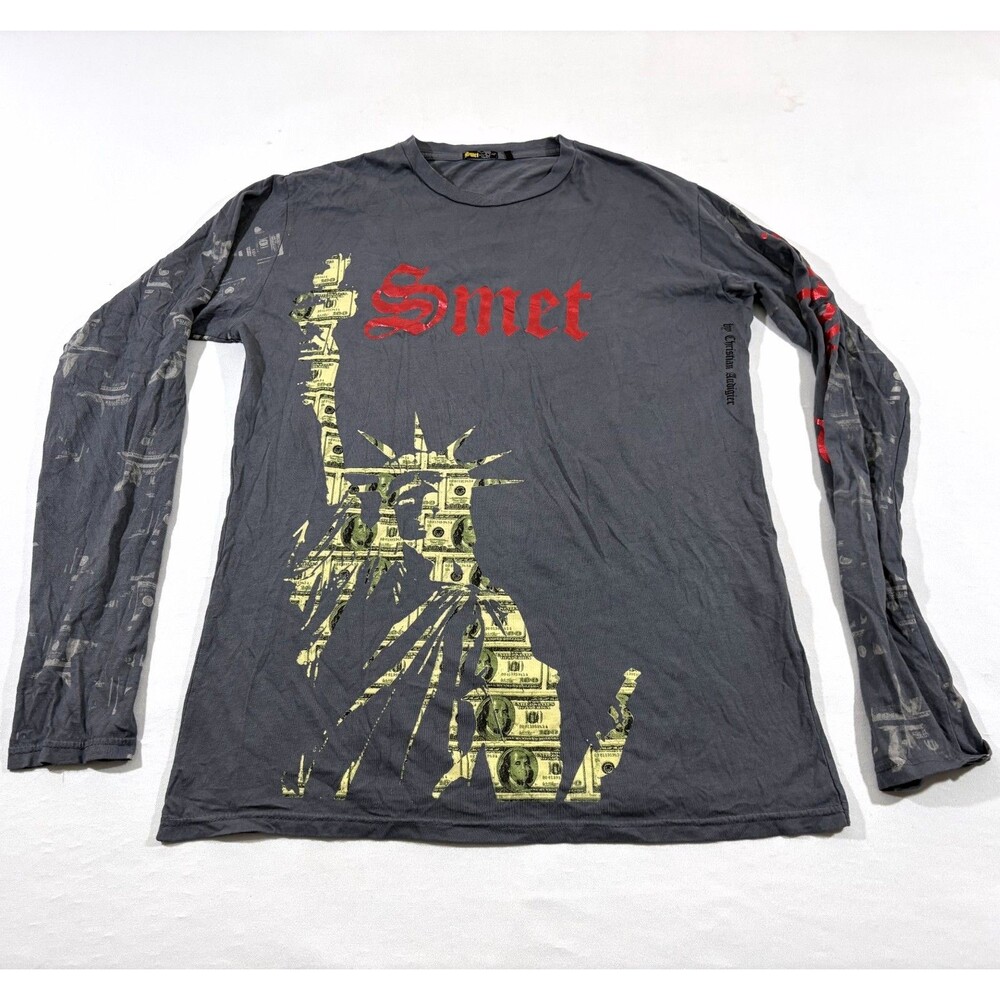 Rare Y2K VTG SMET Christian Audigier Gray AOP Long Sleeve T-shirt Graphic L USA